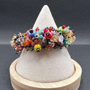 Beaded Fringe Bracelet Multicolor Gemstone Czech Glass Magnetic Boho Eclectic
